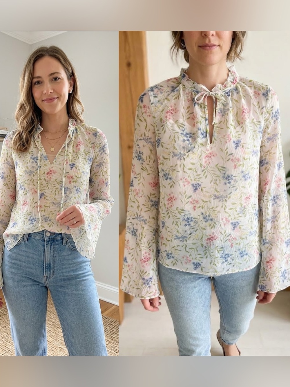 Bisou Bisou Michele Bohbot Floral Sheer Chiffon Tie-Neck Split Sleeve Blouse XS